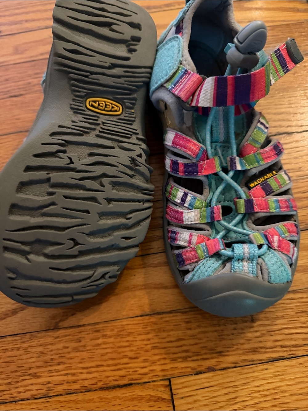 Keen Kids Multicolor Striped Sandals with Teal and Pink Accents